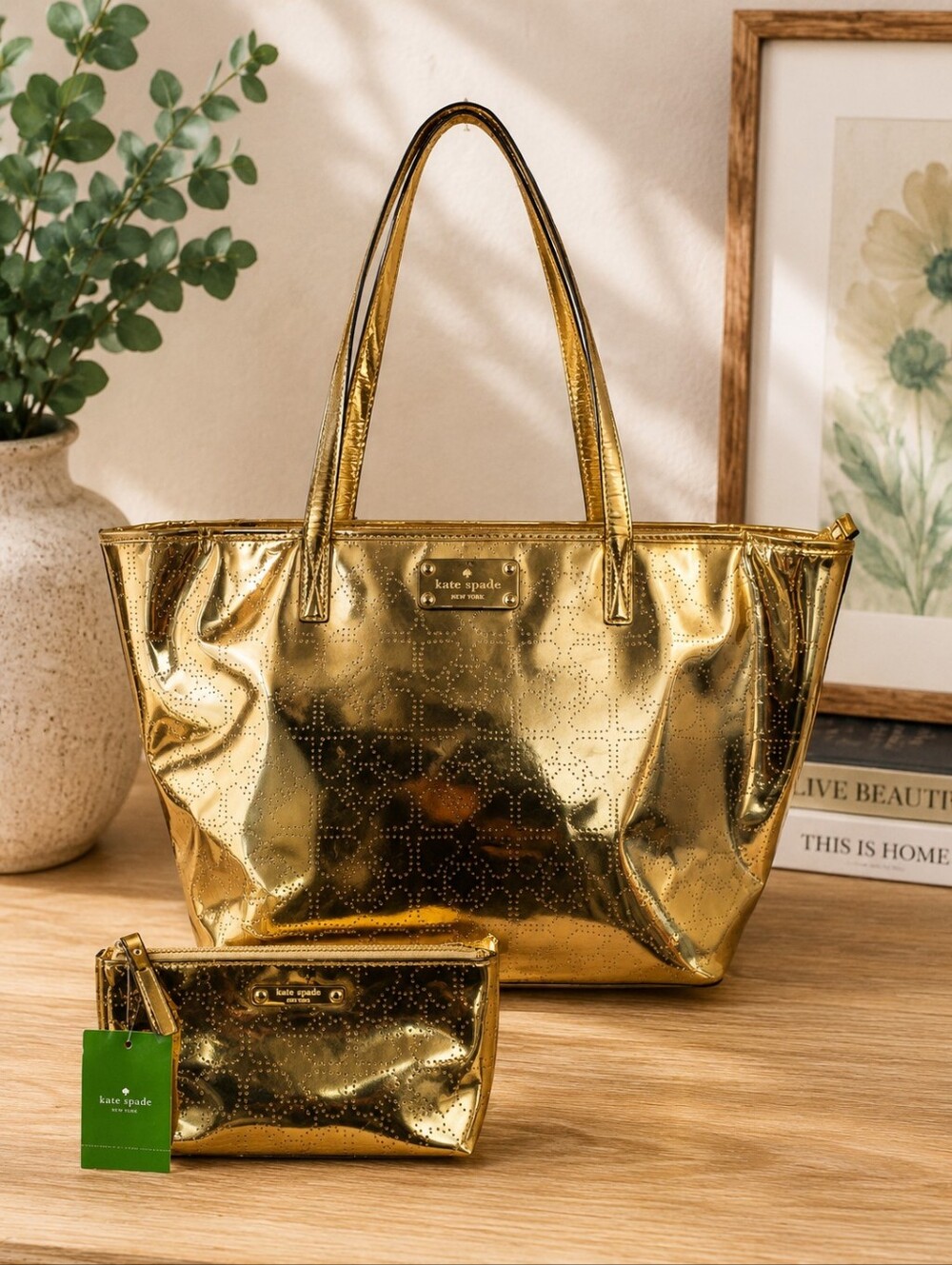 Kate Spade New York Metallic Gold Perforated Tote Bag & NWT Cosmetic Pouch Set